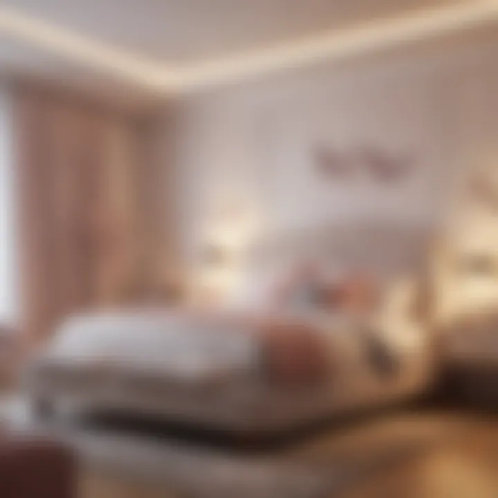 A serene bedroom featuring soft lighting and butterfly decor that elevates the ambiance.