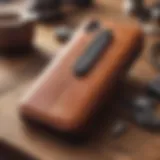 Stylish leather phone case on a wooden table