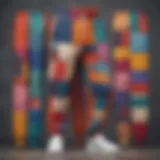 Colorful patchwork sweatpants displayed on a textured background