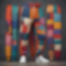 Colorful patchwork sweatpants displayed on a textured background