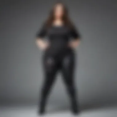 A collection of plus size black distressed leggings in various outfits
