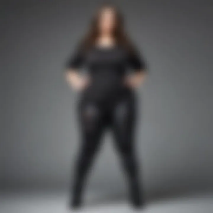 A collection of plus size black distressed leggings in various outfits