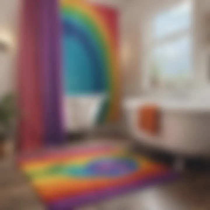 Artistic display of rainbow-themed bath mats and shower curtains