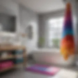 Vibrant rainbow towel set hanging in a modern bathroom