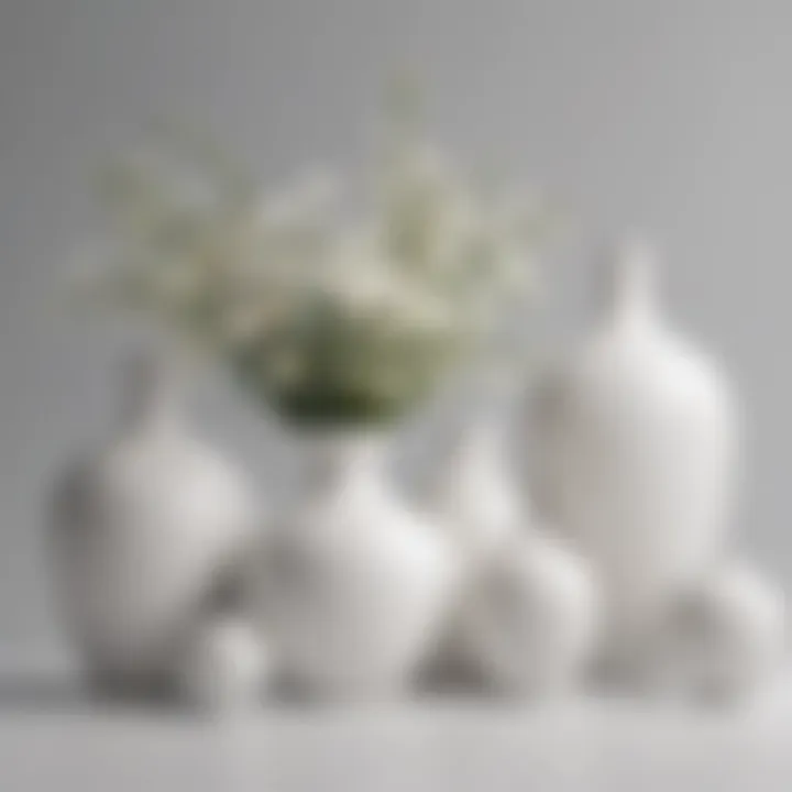 A variety of white round vases in different materials and sizes