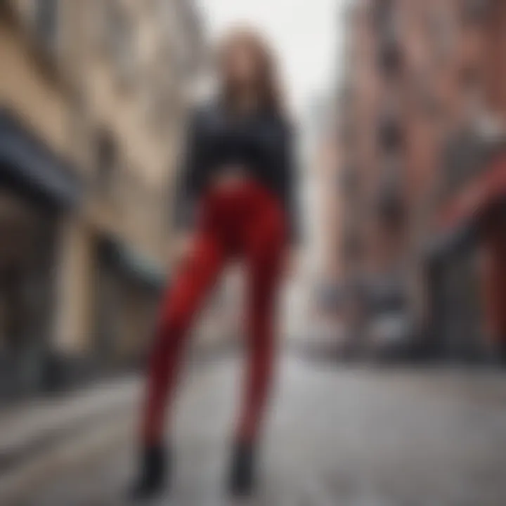 Fashion-forward individual confidently wearing red velvet leggings in an urban setting