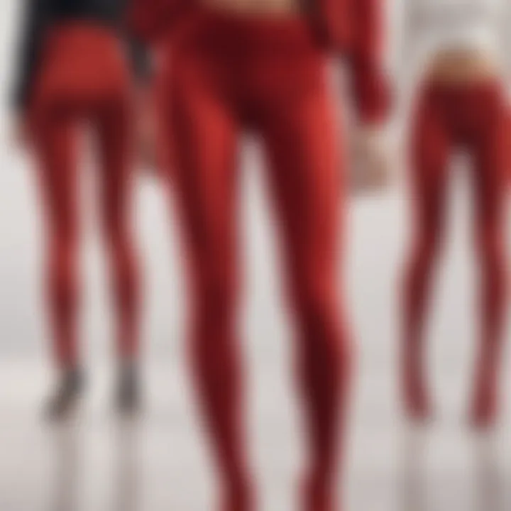 A vibrant display of red velvet leggings in various shades and styles