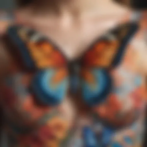 A close-up view of the butterfly print on a bodycon dress showcasing vibrant colors and intricate patterns.