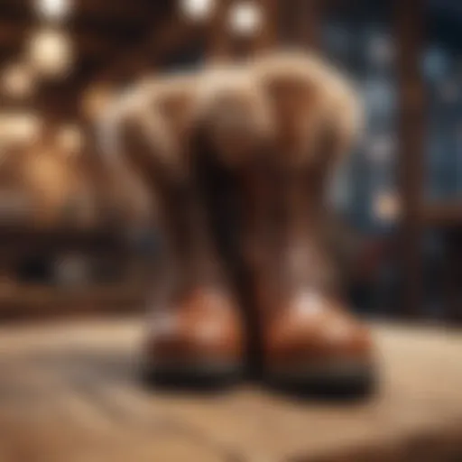 Stylish furry boots displayed on a wooden surface