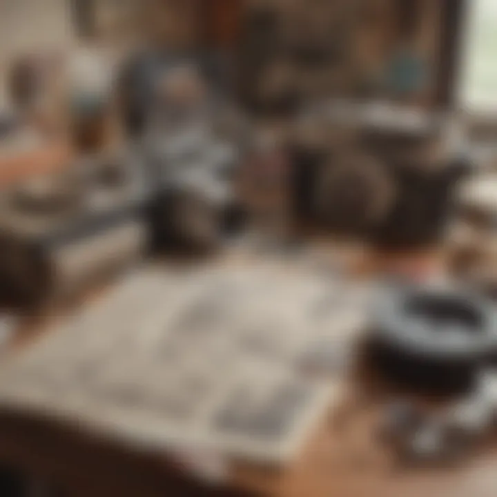 An inspiring workspace filled with vintage papers and crafting tools, inviting creativity.