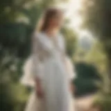 Elegant white dress with bell sleeves displayed in a serene outdoor setting