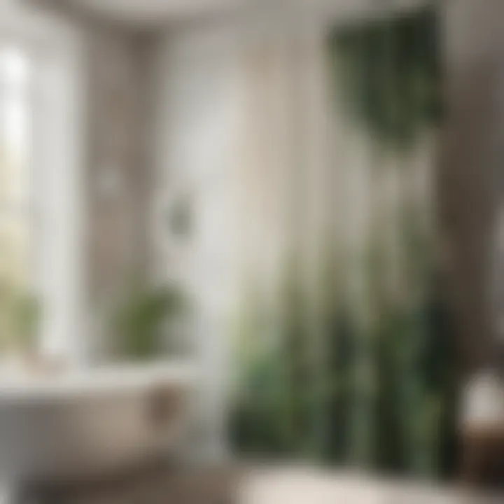 An eco-friendly shower curtain made from sustainable materials showcased in a serene bathroom setting
