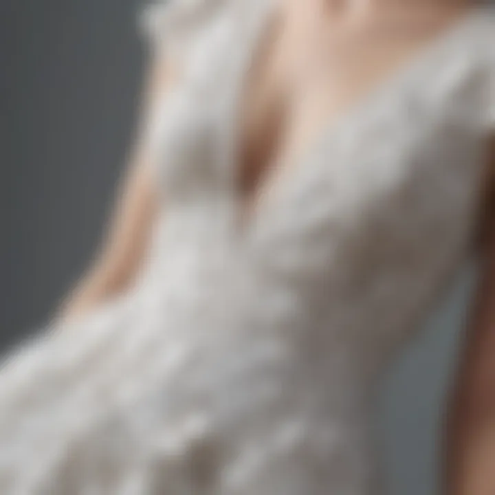 A close-up of a delicate white flowery summer dress with intricate patterns