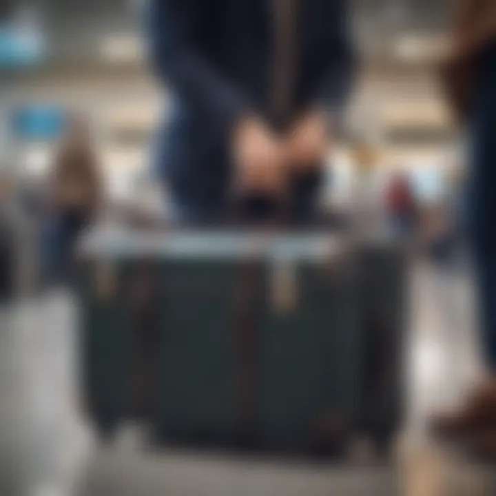 A traveler securing their luggage with a TSA approved strap at the airport.